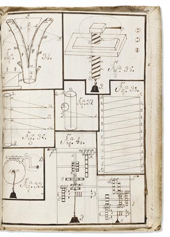 Illustrated Manuscript on Paper, Spanish. Military Architecture, Conic Sections, Mathematics, & Mechanical Inventions.